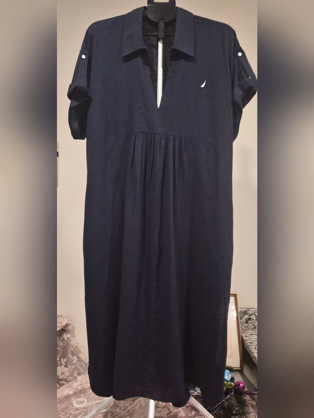 ​Nautica Jeans Navy Blue Linen Blend V-Neck Short Sleeve Midi Dress NWOT Size L